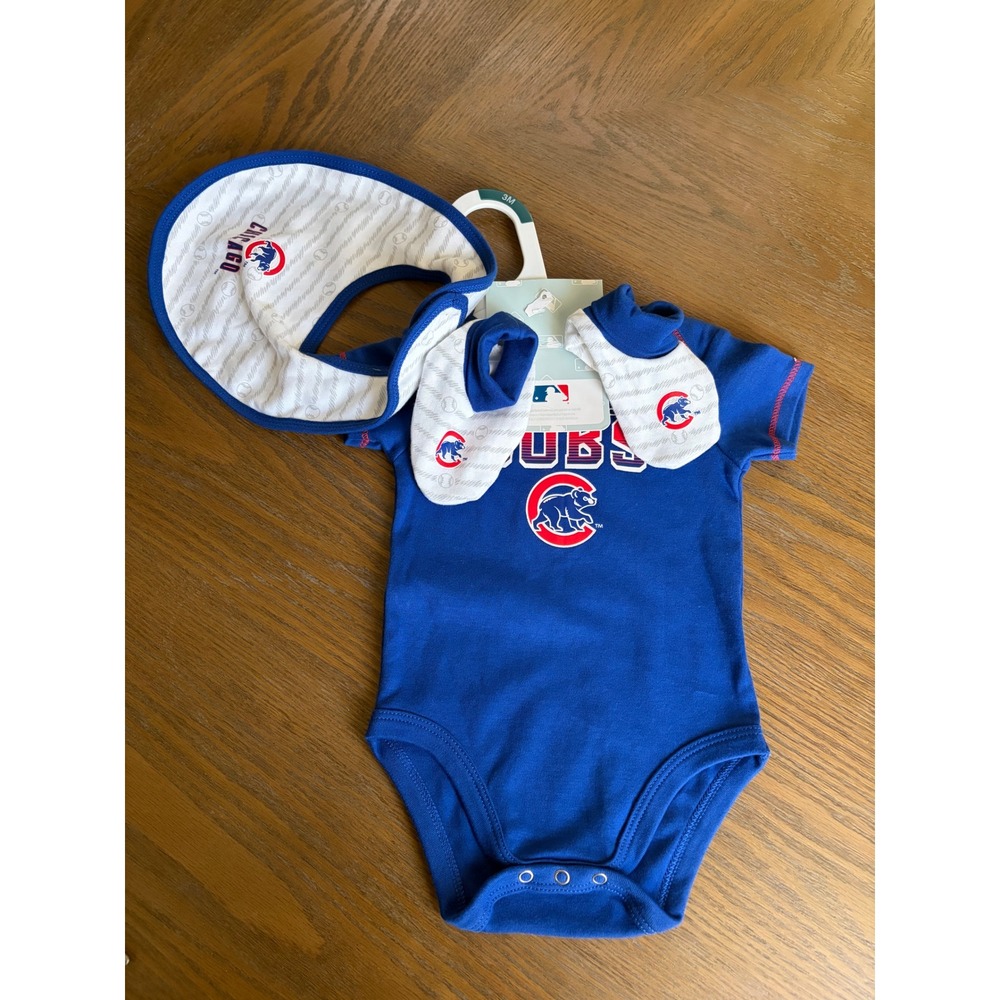 MLB Chicago Cubs Baby Bodysuit Bib and Booties 3-Piece Set Blue 3 Months